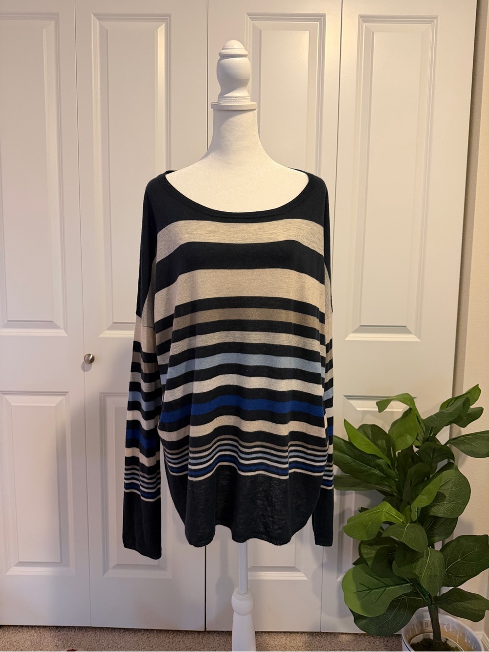 Vince Black, Beige & Blue Striped Scoop Neck Sweater